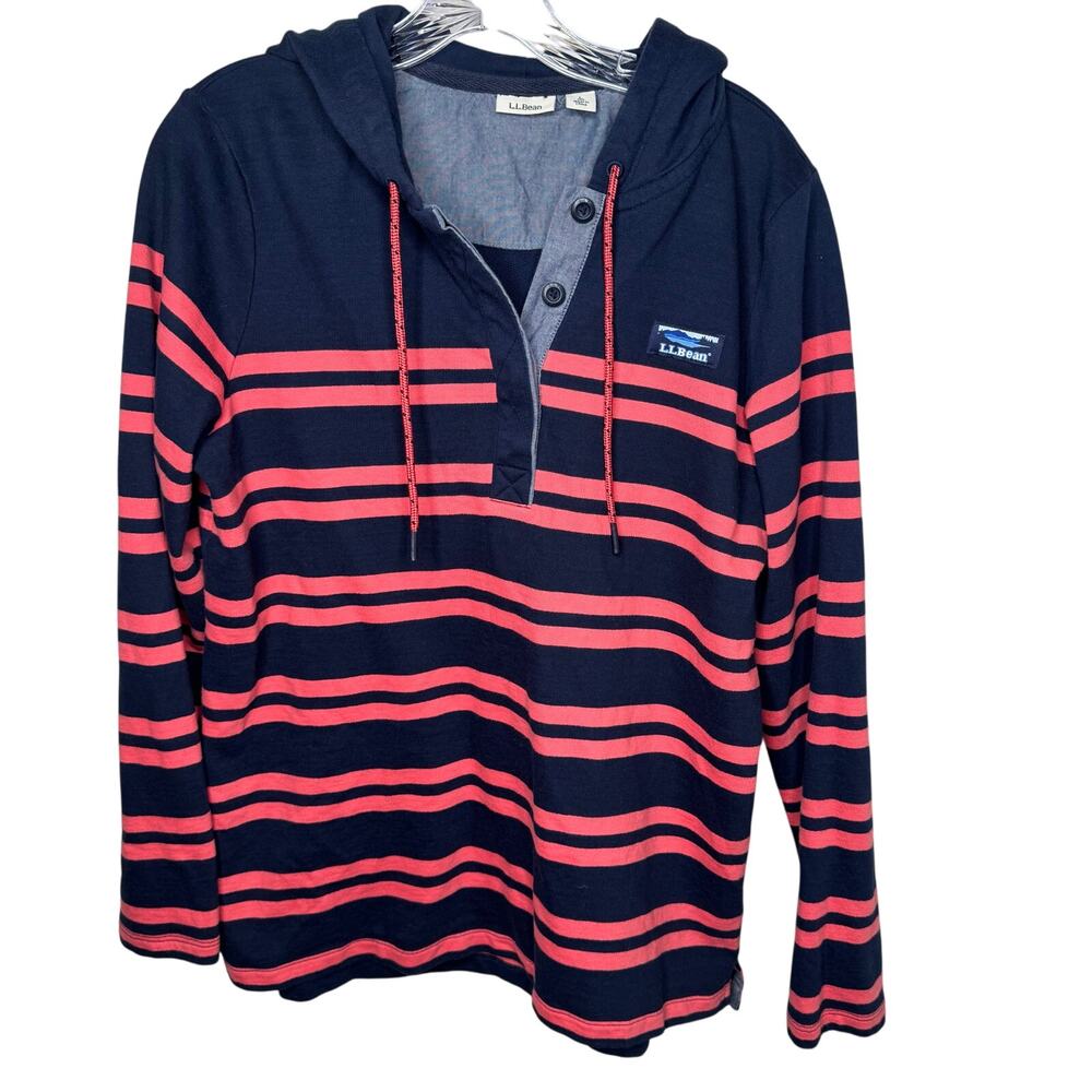 L.L. Bean Striped Hoodie Large Blue Pullover Long Sleeve Cotton Casual Top